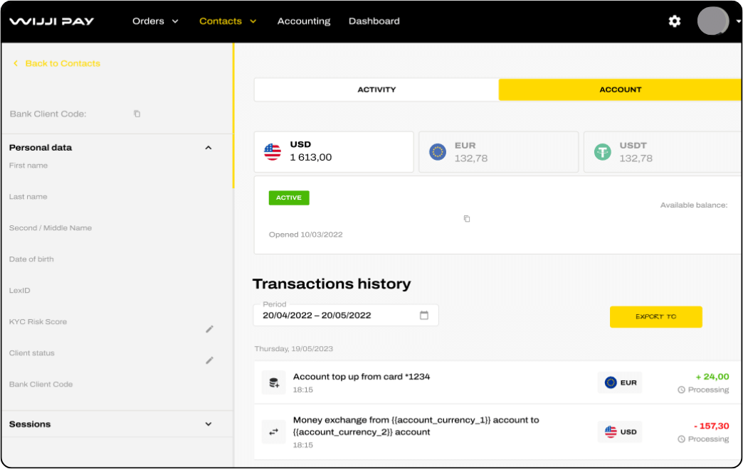 Back office view showing a client's USD, EUR and USDT accounts alongside transaction history with statuses and export.