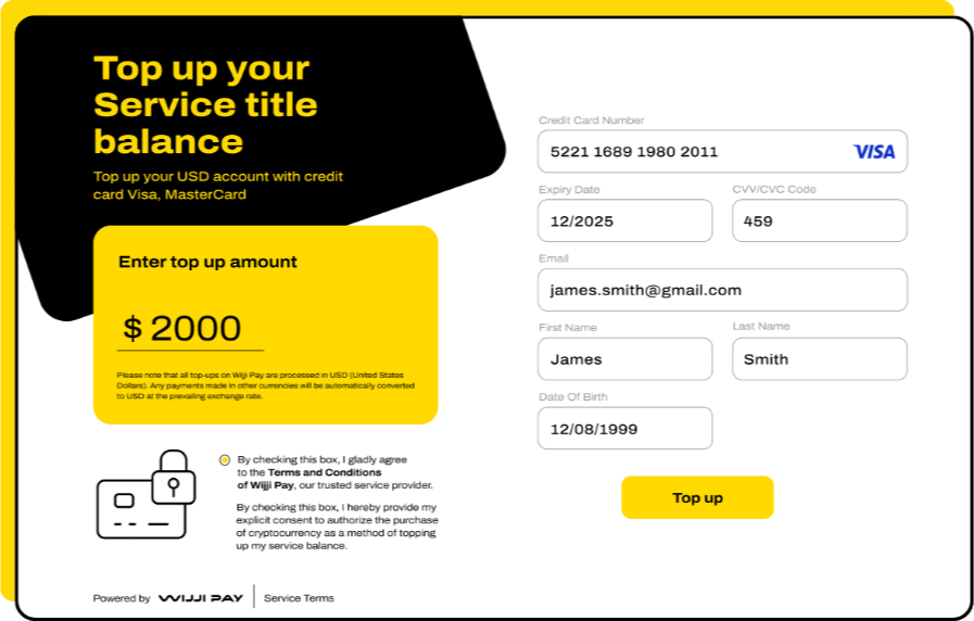 Wijji Pay top-up page: a customer enters an amount and card details to fund their balance.