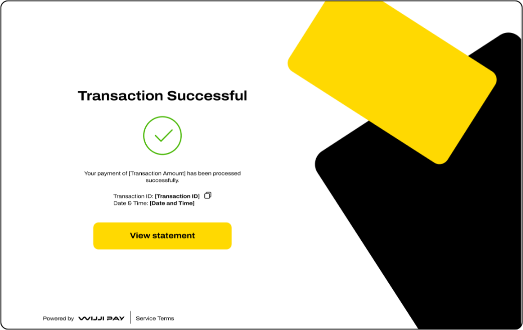 Payment confirmation screen reading Transaction Successful, with transaction ID, date and a View statement button.